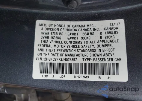 2018 Honda Civic Ex z USA, uszkodzony, nr VIN 2HGFC2F73JH523397